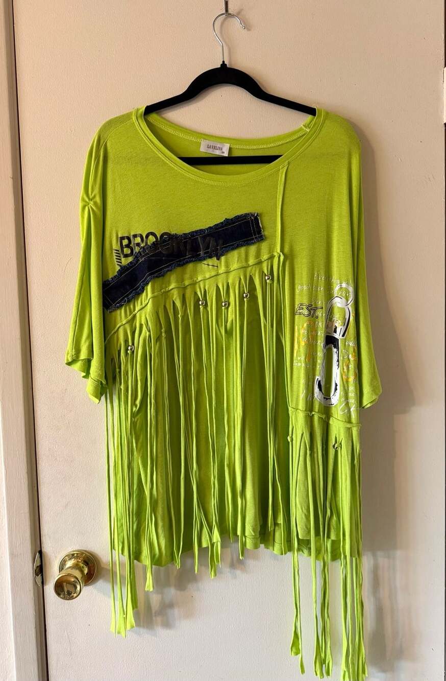 La Velina Size 50 Plus Lime Green Fringe Graphic Tunic Top Lagenlook Boho